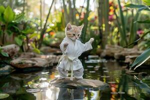 ai generado un gatito en un blanco kárate uniforme posando en un marcial letras postura en medio de un tranquilo natural ajuste con agua y plantas. foto