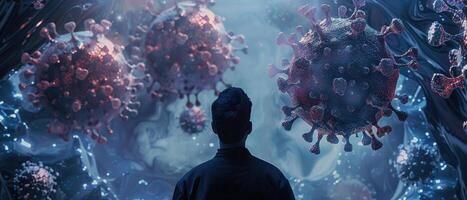 ai generado un hombre observando grande virus modelo con flotante moléculas oscuro foto