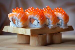 AI generated An Elegantly crafted salmon sushi rolls topped with vibrant salmon roe photo