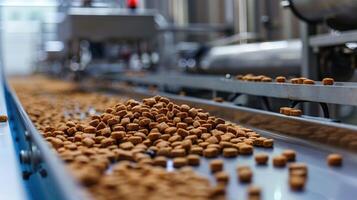 AI generated An industrial pet food manufacturing process showing kibble being efficiently processed and sorted on an automated conveyor belt system. photo