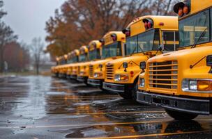 ai generado colegio autobuses estacionado en fila en el lluvia foto