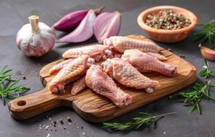 AI generated Raw chicken wings on cutting board with spices on dark background photo