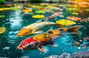 AI generated Koi fish in pond at the garden photo