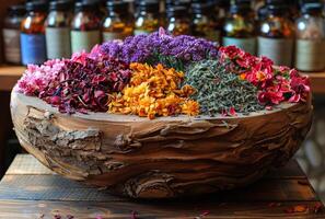 ai generado seco flores y hierbas en de madera bol. un hierba mortero y otro medicinal hierbas foto