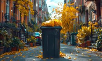 AI generated Trash can is filled with yellow leaves on city street. photo