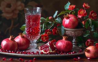 AI generated Pomegranate juice. Pomegranate juice in glass and pomegranates on silver tray photo