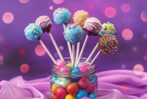 AI generated Colorful cake pops in glass jar on purple background photo