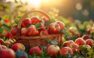 AI generated Basket with apples on the grass in the orchard photo