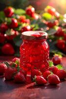 AI generated Jar of strawberry jam on wooden table photo