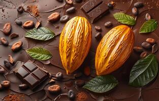 AI generated Cocoa beans cacao fruit chocolate pieces and cocoa powder on dark background photo