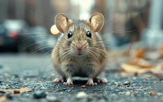 AI generated Mouse stands on city street. City rat on the prowl photo