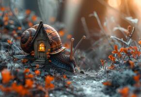 AI generated Snail and house in the garden. A giant snail carrying a small house on its back photo