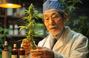 AI generated Scientist studies cannabis plant in lab. A scientist holding a cannabis leaf and showing an oil bottle photo