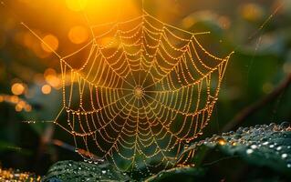 AI generated Spider web with dew drops in the morning photo