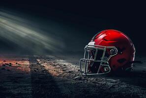 AI generated American football helmet standing on the field with the sun shining behind it photo