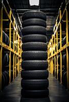 AI generated Tires for sale at tire store. A stack of new tires is stacked high in the garage photo