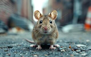 AI generated Mouse stands on street with its front paws on the ground photo