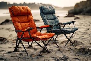 ai generado dos cámping sillas son en el playa foto