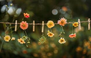 AI generated Flowers hanging on the clothesline with wooden pegs photo