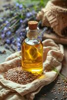 AI generated Bottle of essential oil with fresh lavender twigs and dry lavender flowers in the background photo