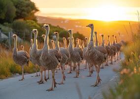 AI generated Ostriches crossing road at sunset photo