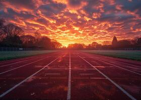 AI generated Track and field at sunset. A sunset over a field of track and field for sunrise photo