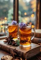 AI generated Hot tea with lemon and cinnamon in glass cup on wooden table in the background of the window. photo