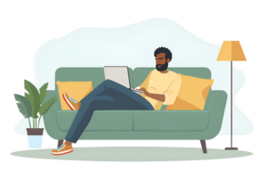 ai generiert Mann mit Laptop auf Sofa. Arbeit von Zuhause Konzept png