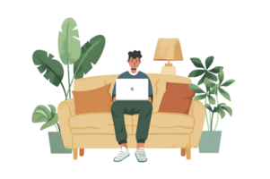 AI generated man using laptop on sofa. work from home concept png