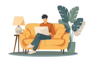 AI generated man using laptop on sofa. work from home concept png