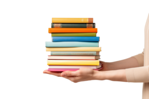 AI generated hand holding colorful pile of books png