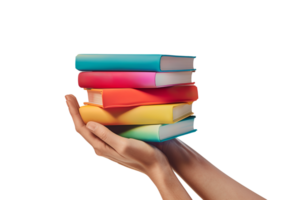 AI generated hand holding colorful pile of books png
