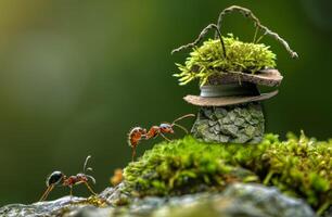 AI generated Ants are carrying moss house. Ants are walking on mossy branch photo