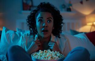 AI generated Woman watches scary movie while eating popcorn. photo