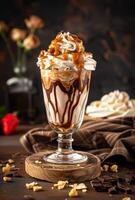 AI generated Caramel ice cream in glass with whipped cream chocolate sauce and chopped nuts on dark background photo