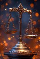 AI generated Law scale. Scales of Justice on bokeh lights background photo