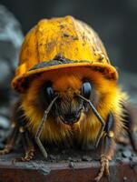 ai generado abeja en casco es sentado en metal superficie foto