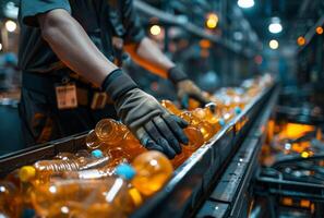 AI generated Factory worker is sorting empty glass bottles on the conveyor belt photo