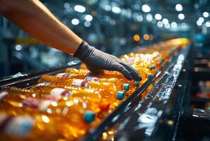 AI generated Worker hand in black glove is touching bottle on conveyor belt with yellow glass bottles. photo