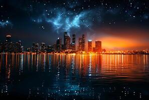 ai generado noche paisaje urbano reflexión de el noche ciudad en el agua foto