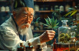 AI generated Scientist holding cannabis leaf and cannabis oil in the laboratory photo