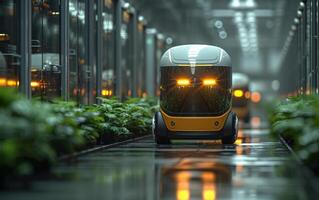 AI generated Self driving delivery robot moving on the road. photo