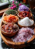 AI generated Variety of salts in wooden bowls photo