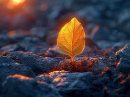 AI generated Single yellow leaf glows in the sunlight on rocky surface photo