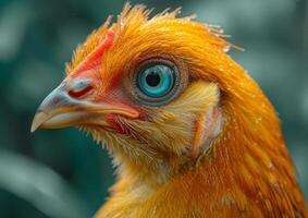 ai generado cerca arriba de amarillo pollo con azul ojos foto