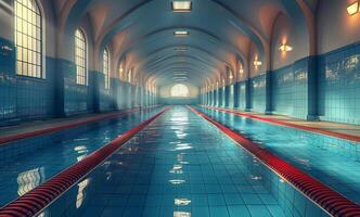 ai generado nadando piscina en gimnasio con arcos y ventanas foto