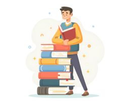 AI generated man holding colorful pile of books png