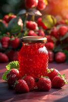 AI generated Jar of strawberry jam stands on wooden table in the garden photo