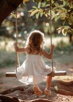 AI generated Cute little girl having fun on swing in park photo