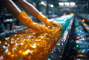 AI generated Worker is taking the plastic bottle from the conveyor belt to the storage photo